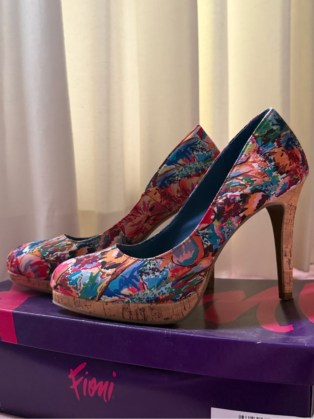 FIONI Clothing Floral Multicolor Cork Platform High Heels